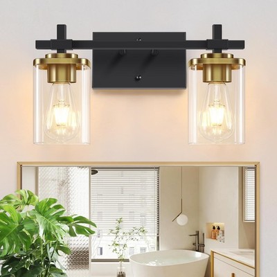 2-Lights Black and Gold Bathroom Light Over Mirror with Square Glass Shade an...