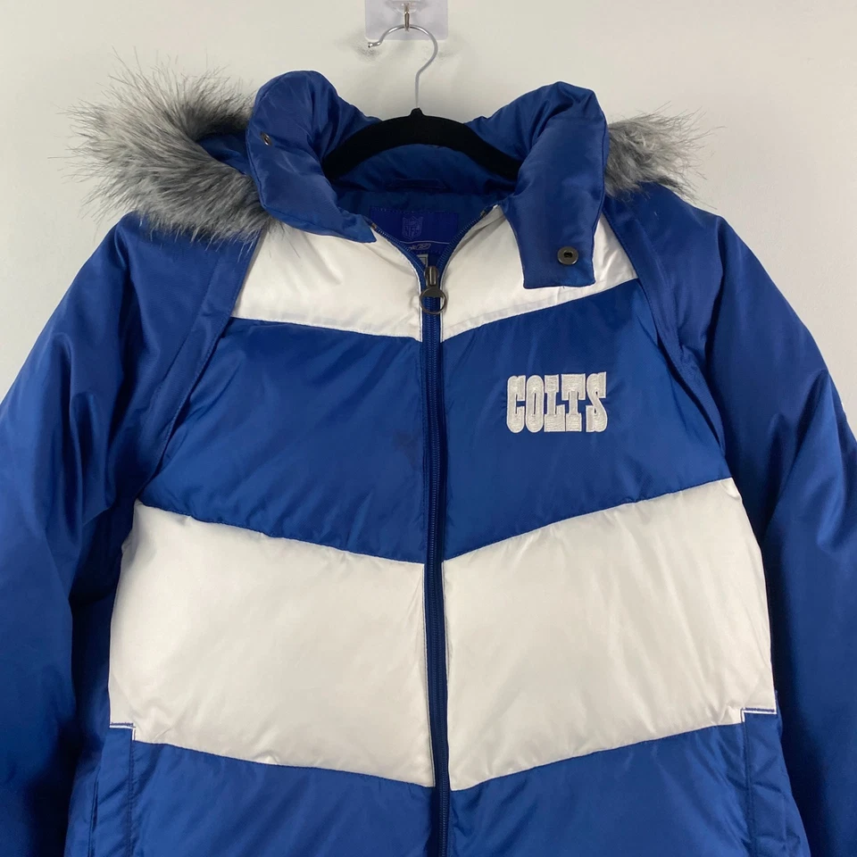 Chaqueta acolchada Reebok Indianapolis Colts para mujer grande de piel sintética con capucha azul blanco Foto 2 de 4