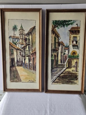 2 Vintage A Colomer Watercolor Paintings Spanish Street Scenes Mallorca Framed 