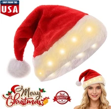 LED Christmas Santa Claus Hat Xmas Party Cosplay Costume Plush Cap Gift 2025 USA