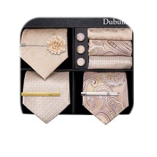 Mens Tie Set 3PCS Gift Box Beige Champange Stripe Paisley Necktie Clips Lapel...