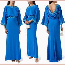 NWT Tadashi Shoji 10 Moline Drape Back Crepe Long Sleeve Gown Blue J2225