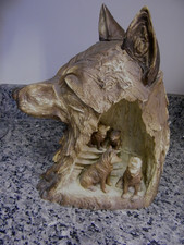 COLLECTIBLE UNIQUE 14" POTTERY WOLF HEAD W/BACK CAVE LIKE with 4 SMALLER WOLVES