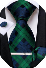 Plaid Ties for Men Silk Checkered Necktie and Pocket Square Cufflinks Tie Clip S