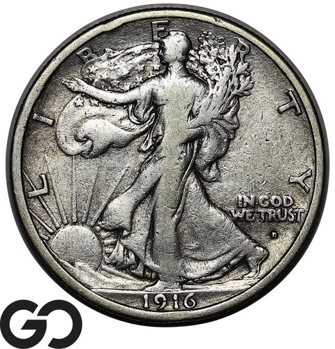 1916-D Walking Liberty Half Dollar, Choice VF++ Better Date First Year Issue