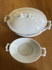 2 Vintage Germany White / Gold Lidded Oval Serving Dishes