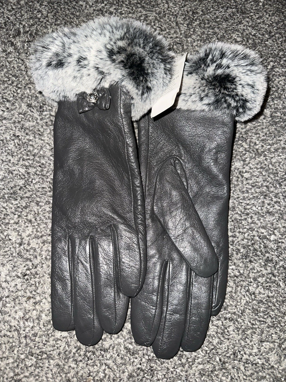 NWT Womens Genuine Leather Gloves, Size Small, Grey, Fur Trim, Lined, (G26)