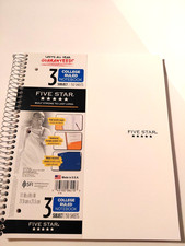 WHITE  3 Sub. Five Star College Ruled Notebook  150 Sheets Free Shipping