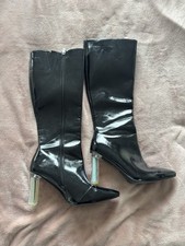 Black Patent Knee High Boots with Perspex Heel