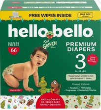 66pk Grinch Size 3 Hello Bello Dr. Seuss Premium Baby Diapers W/pack Of Wipes