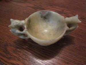 1 Antique Chinese Pale Jadeite Double Demon Rice Bowl