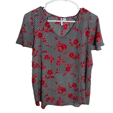 Elle Blouse Women's Medium Gingham Floral V-Neck Short Sleeve Printed Top