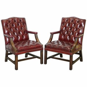 Pair Of Chesterfield Carved Mahogany Oxblood Leather Gainsborough Armchairs 2 Ebay
