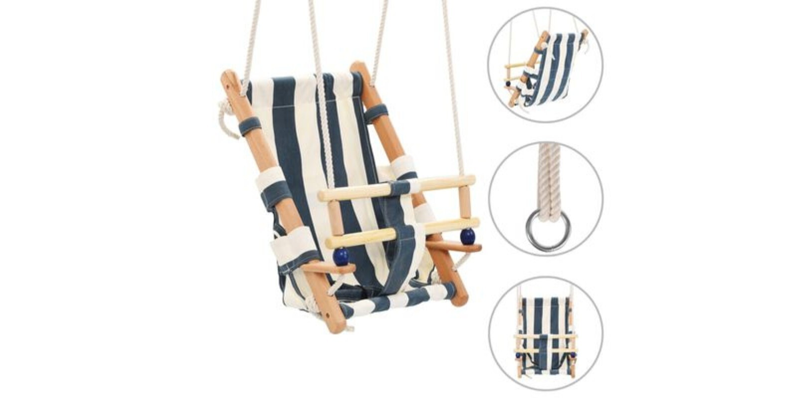 Balançoire bébé en bois de hêtre avec assise ceinturée bicolore bleu ciel