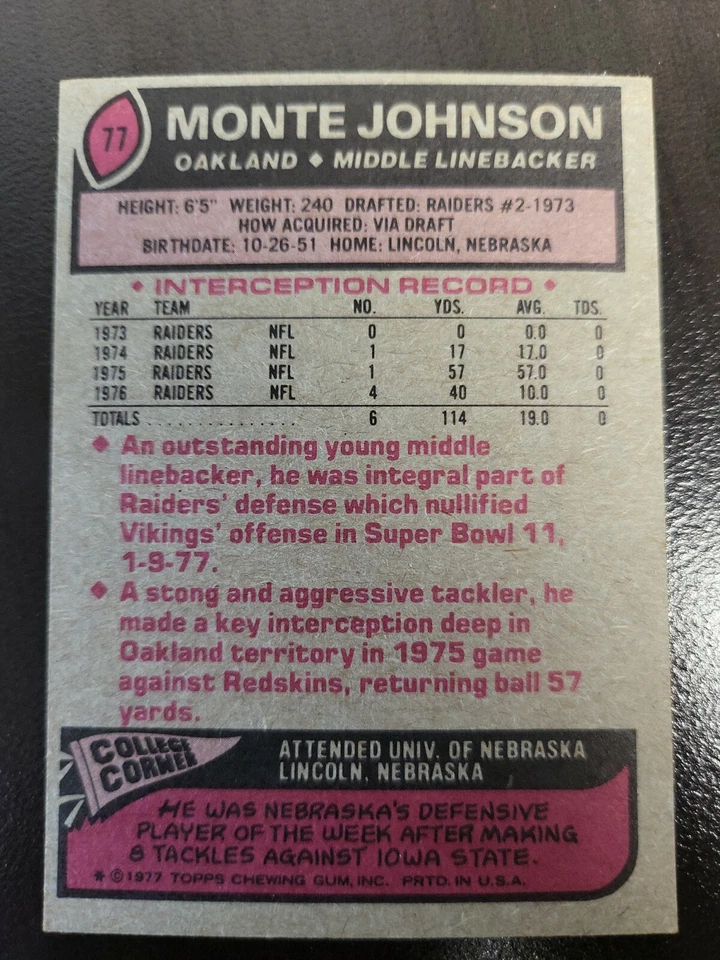 1977 Topps Monte Johnson NRMT card #77.. - Image 2 of 2