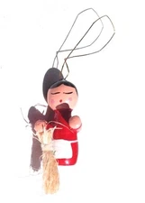 Sealed VTG 1970's Mini WOOD / Wooden GIRL WITH BROOM Christmas Tree Ornament