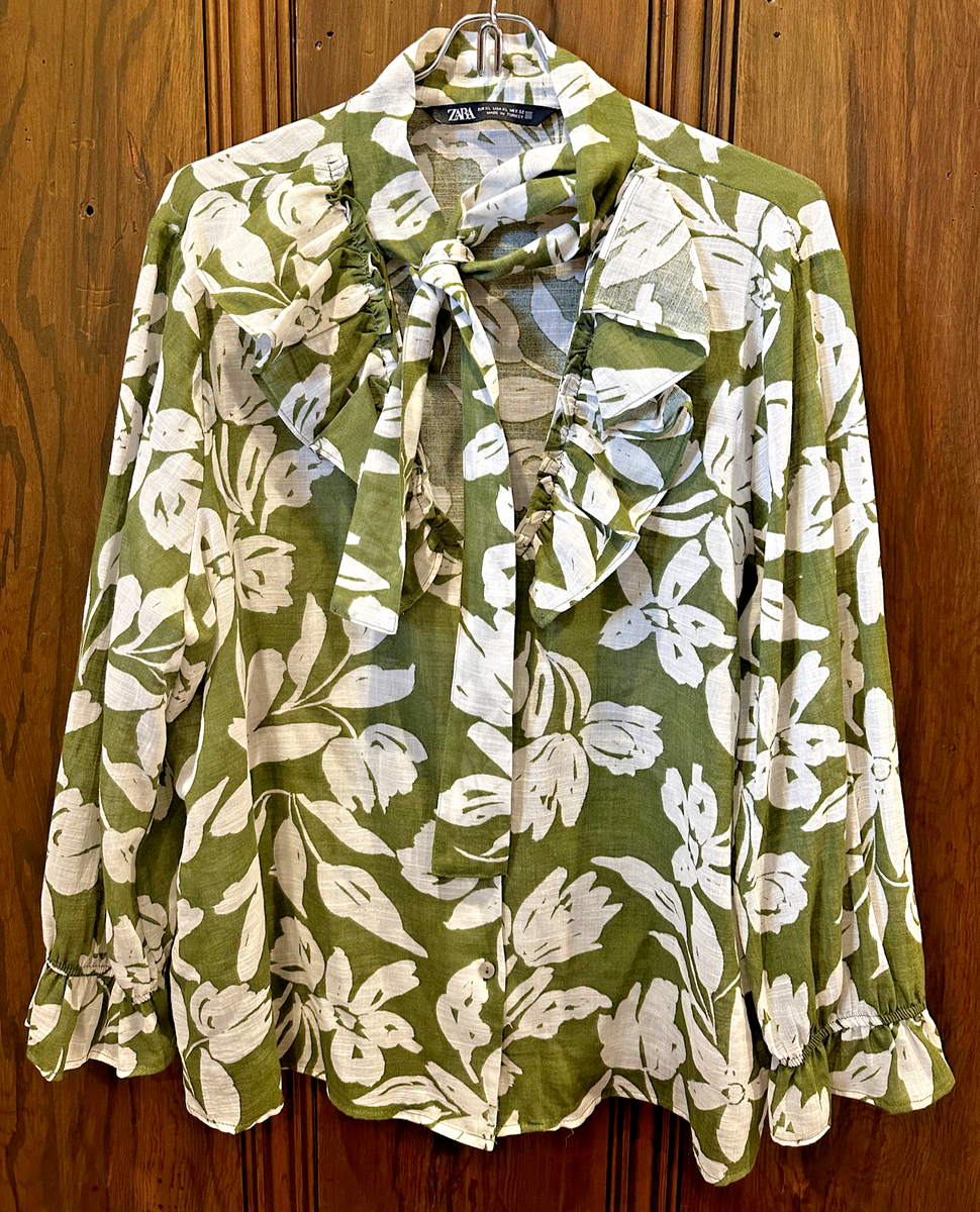 Women's Zara Green Olive White Floral Shirt Botton Size XL 100