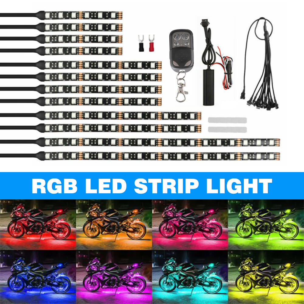 12PCS RGB Motorcycle LED Light Under Glow Neon Strip Kit Wireless Remote control