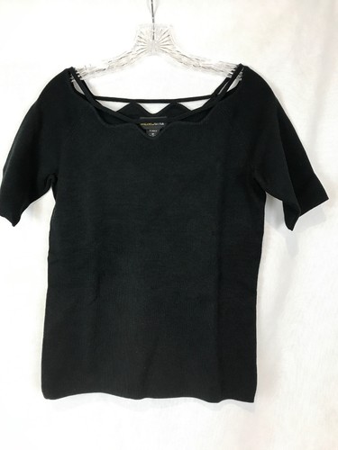 Top donna medio stile Metro nero a costine collo decorativo manica corta nuovo senza etichette