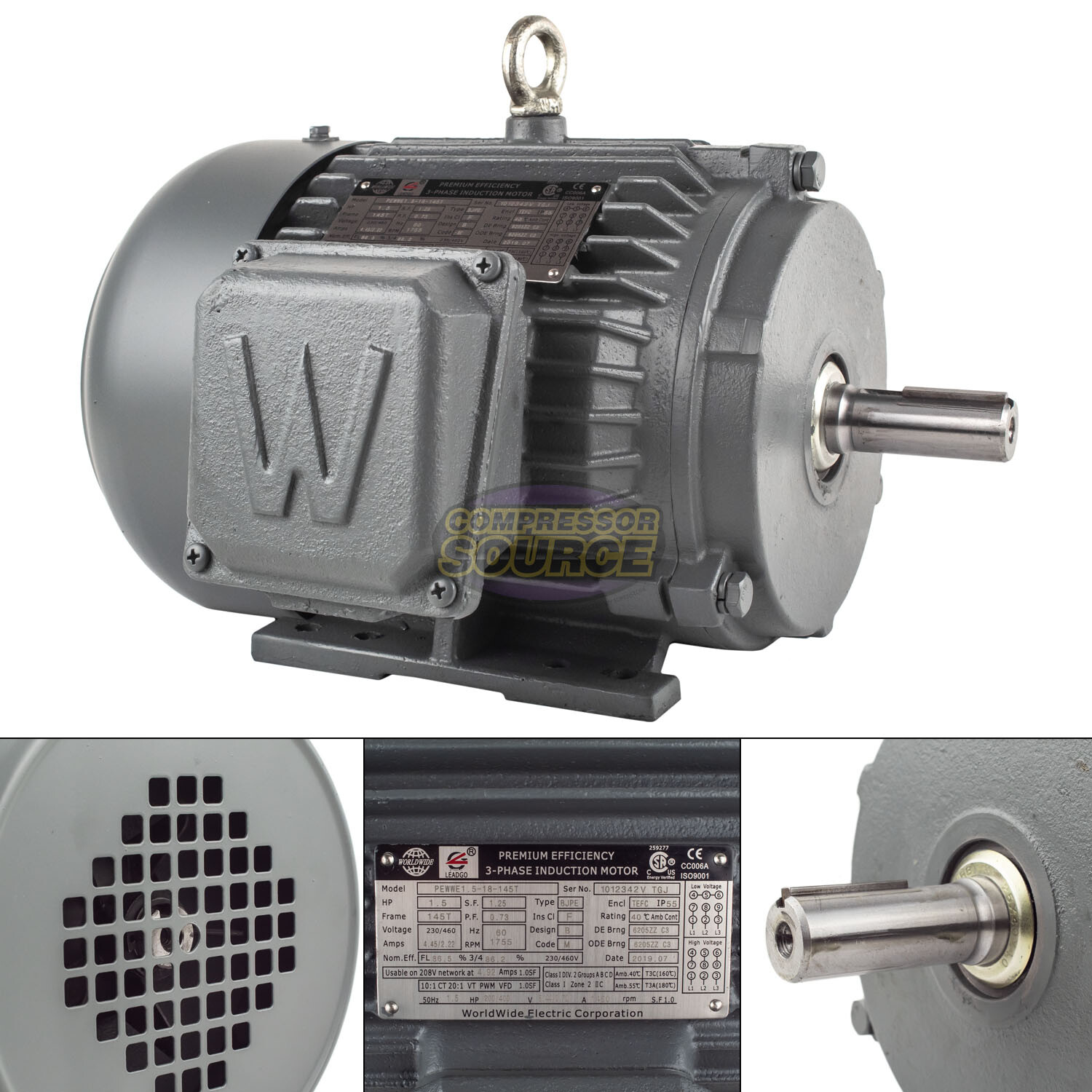 1.5 HP 3 Ph Electric Motor 1800 RPM 145T Frame TEFC 230/460V Premium Efficiency