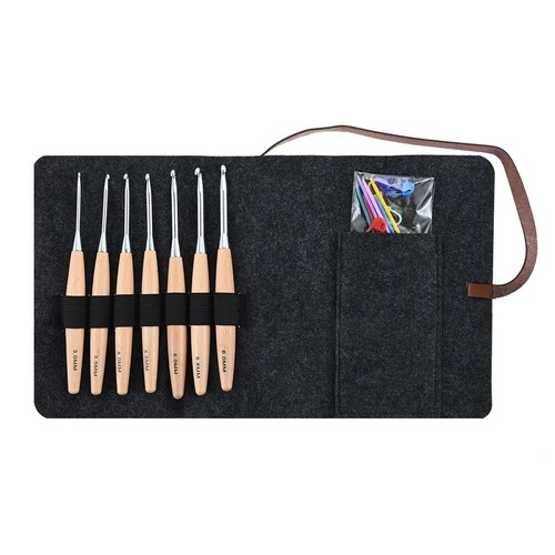 Portable Beech Wood Handle Crochet Hooks Set Case Knitting Needle Stitch Markers - Picture 6 of 20