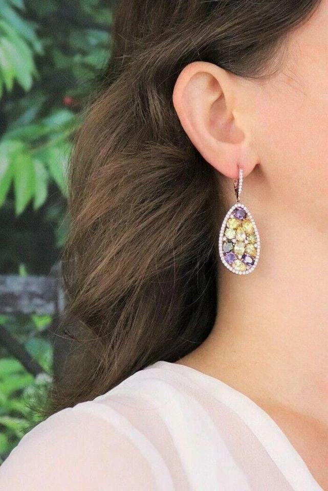 18k Rose Gold over Sterling Silver Multi Color Cz Earrings Dangle Drop Earrings - Image 3 of 4
