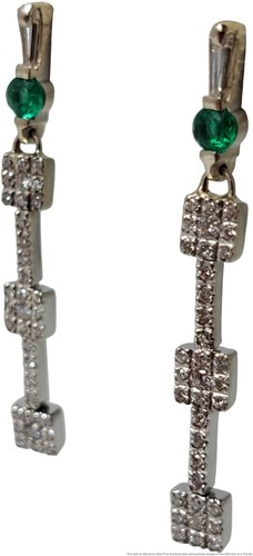 Magnificent Vintage Art Deco Diamond Natural Emerald Dangle Push Back Earrings
