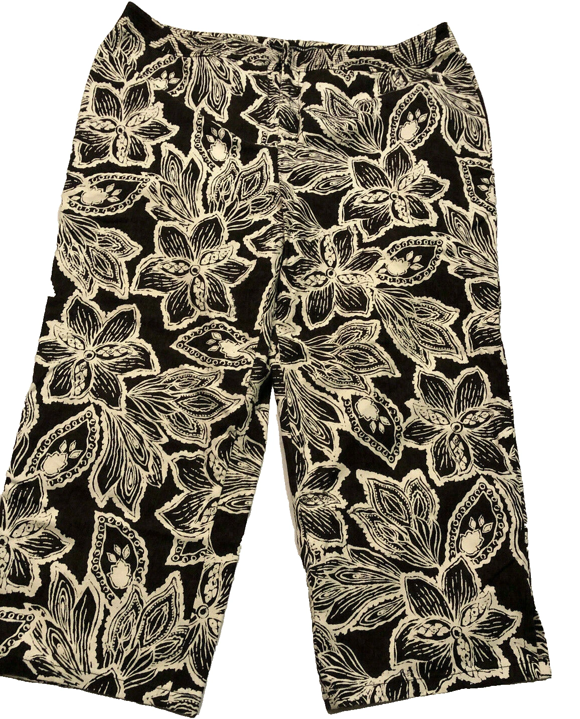 Black White Floral Capri Cropped Pants Office Capsule Beach Cruise Size 14
