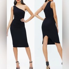 NWOT Dress the Population Martine Flirty One-Shoulder Midi Sheath Dress Black S