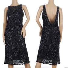 EUC Scala Silk Dress Beaded Knee Length Open Back Cocktail Bridesmaid Black M