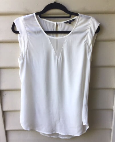 Portmans Ivory Shell Top Sheer Panels 8 XS High Low Curved Hem Cap Sleeve As New