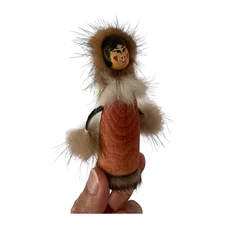 Vintage Yupik Alaska Eskimo Inuit Painted Face Real Fur Wood  Leather Small Doll
