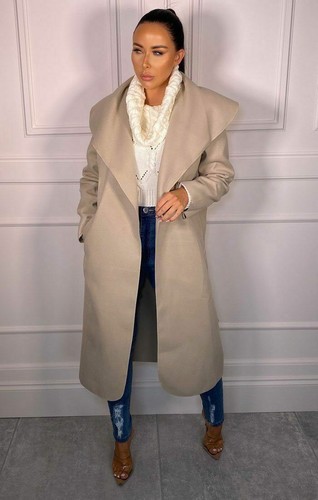 Women's Tie Belted Waterfall Italian Drape Long Trench Coat Ladies Blazer Jacket - Picture 14 of 29
