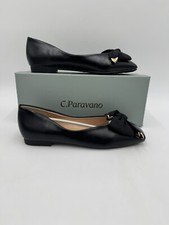 C. Paravano Women's Ballet Flats Leather Black Square Toe Bow US Size 6.5