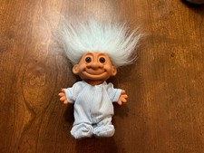 Vintage 1990 Russ Light Blue Hair Troll w/ Blue Footed Stripe Pajamas