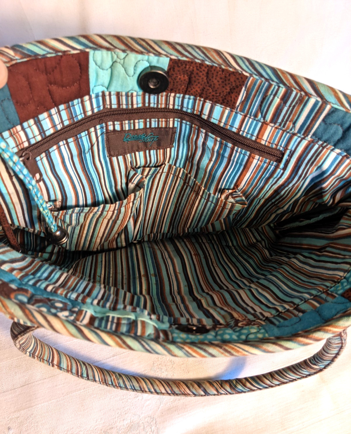 Donna Sharp Blue Brown Patchwork Quilted Handbag … - image 7