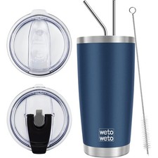 WETOWETO 20oz Gobelet avec 2 couvercles et 2 pailles, 20 onces, A1-Bleu marine 