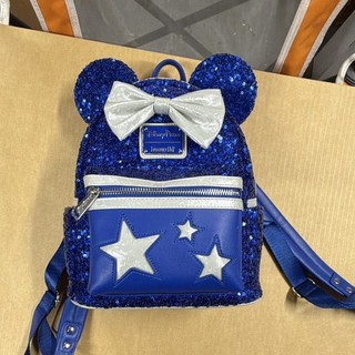 Loungefly Disney Minnie Mouse Blue Silver Sequin Ears Bow Mini Backpack