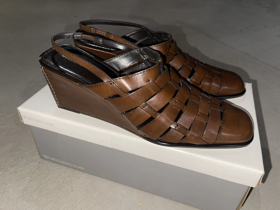 Sandalias Worthington Medianas Marrón Tejido Cesta Cuero Cuña Superior 8.5 Brasil Foto 2 de 4