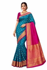 Teal Kanchipuram Semi Silk Saree Pink Zari Border Rich Pallu