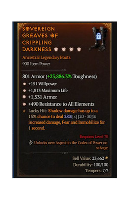     DIABLO 4 SEASON 13 LEGEN BOOT 4GA-WILL+LIFE+ARMOR+RES ALL