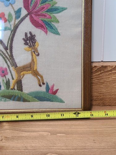Embroidered Crewel Jacobean Style Floral Deer Bunny Wood Frame Picture MCM Vtg - Picture 14 of 16