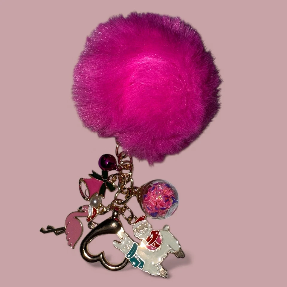 Berloque bolsa chaveiro Natal rosa Pom Pom - lhama flamingo - Imagem 4 de 4