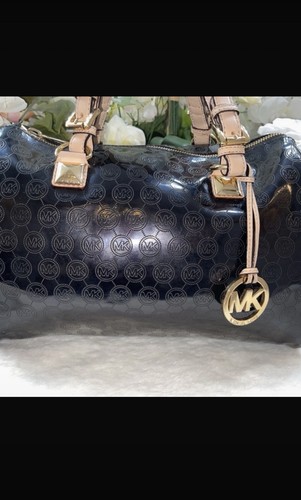 Michael Kors Black Beige Logo Satchel Zip Gold Hardware Charm Bottom Studs - Picture 8 of 15