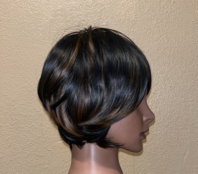 Short Pixie Cut Wig Black with Brown Highlights | Layered Bob Style