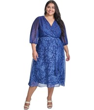 DKNY Womens Printed Tie-Waist Midi Dress, Blue, Plus Size, 20W