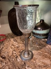 Vintage Hurricane Candle Holder crackle Glass Brushed Silver Pedestal Base 16.5"