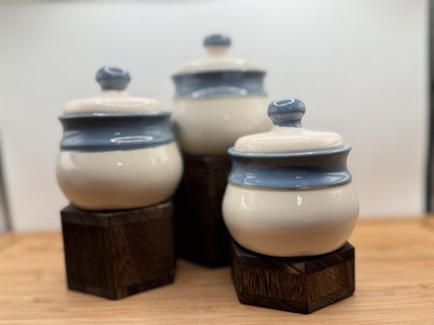 3 Handmade Studio Pottery Lidded Jars Blue & Cream Stoneware Trinket/salt Jar