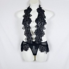 Frederick's of Hollywood Lace Teddy Womens L Black Sheer Lingerie Boudoir Plunge