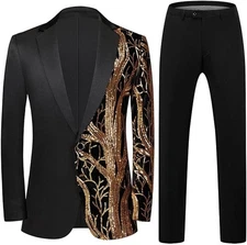 Black Gold Sequin Embroidered Tuxedo Suit With Asymmetric Design And Trousers